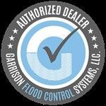 Authorized dealer badge for Garrison Flood Control Systems, LLC. Blue, gray, and white. Contains checkmark.