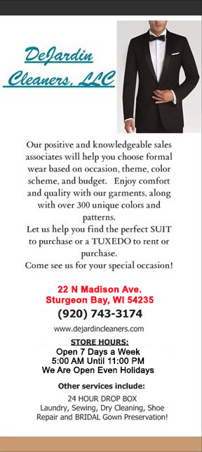 a flyer for DeJardin Cleaners LLC shows a man in a tuxedo