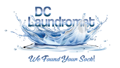 a logo for a laundromat with a splash of water and the words we found your sock