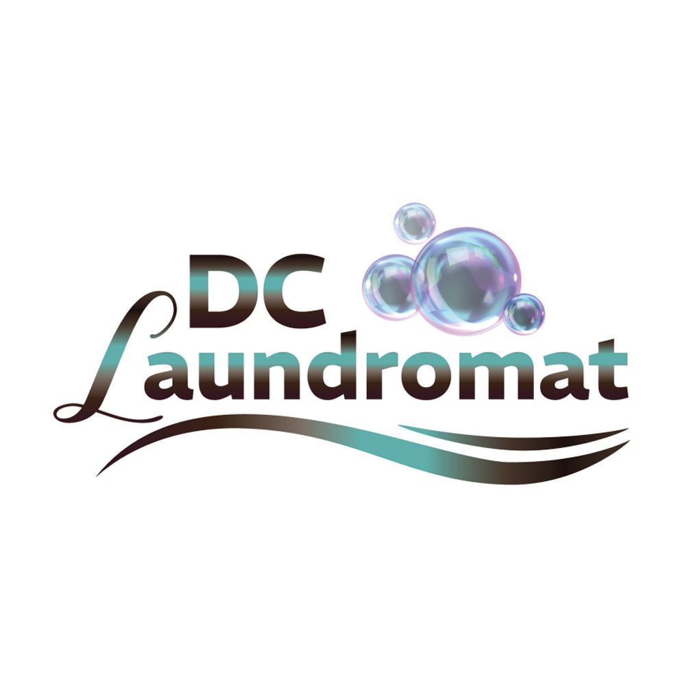 a logo for a laundromat with soap bubbles and a wave