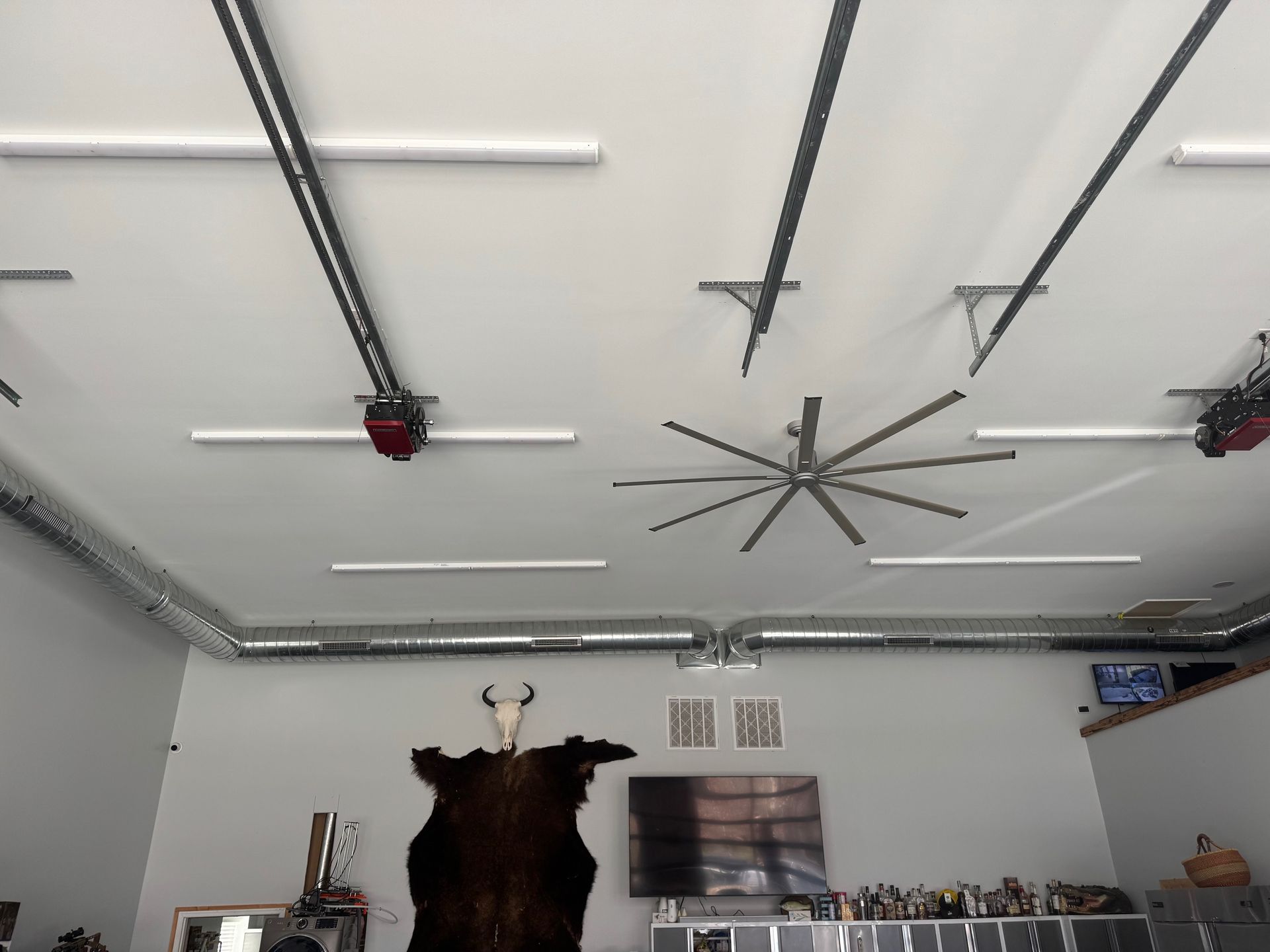 Garage ceiling with lights, fan, garage door openers, and a mounted animal hide.