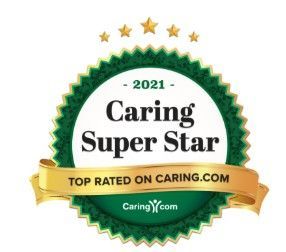 Caring Super Star badge from Caring.com, top rated, green and gold, with stars, ribbon, and text 