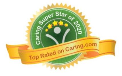 Caring Super Star of 2020 award badge: green circle with stars, person icon, and gold ribbon with text 