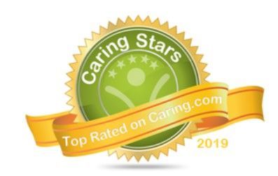 Caring Stars award logo with green and yellow elements, ribbon reading 