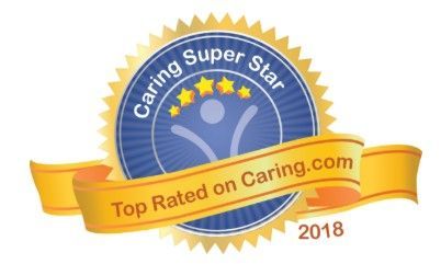 Caring Super Star badge from Caring.com, top-rated in 2018; features a blue circle with stars, ribbon.
