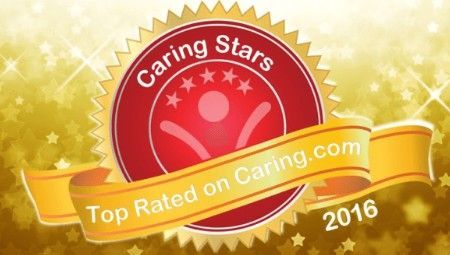 Caring Stars 2016 award badge. Red and gold design with stars, ribbon, and 