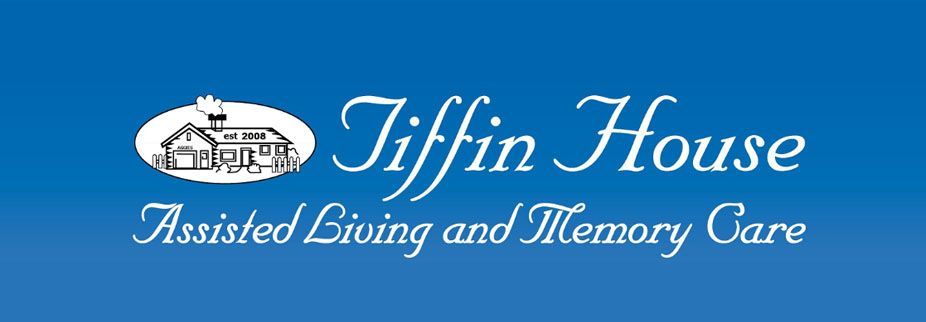 Logo of Tiffin House with a house illustration and the words "Assisted Living and Memory Care" on a blue background.
