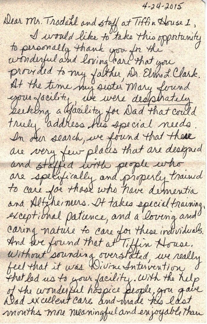 Handwritten letter to Tiffin House staff, thanking them for care provided to the author's father.