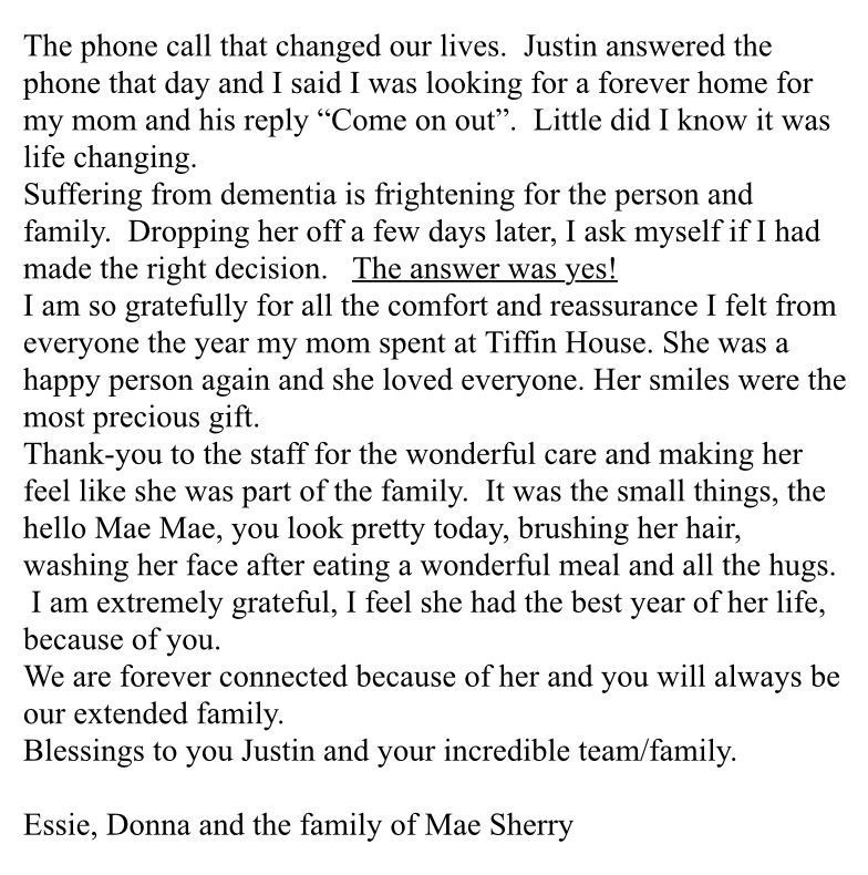 A testimonial thanking Tiffin House staff for caring for Mae Sherry, highlighting a positive experience with dementia care.