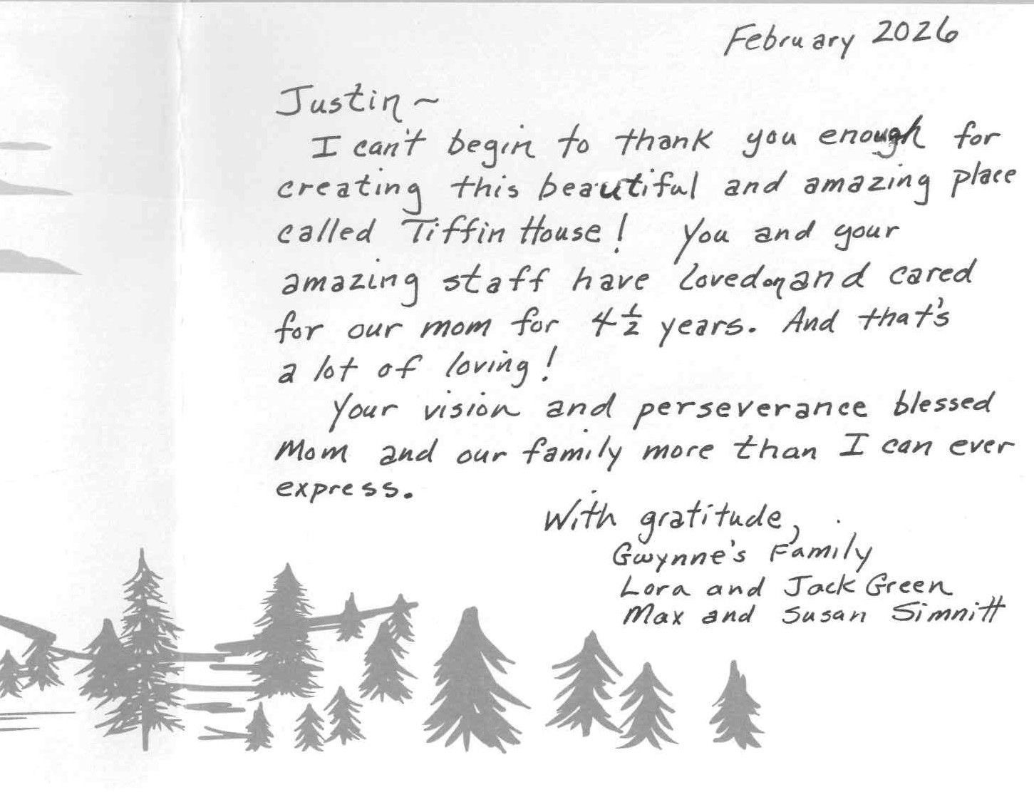 Handwritten letter thanking Justin for creating Tiffin House. Mentions caring for their mom for 4.5 years. Includes a small drawing of trees.