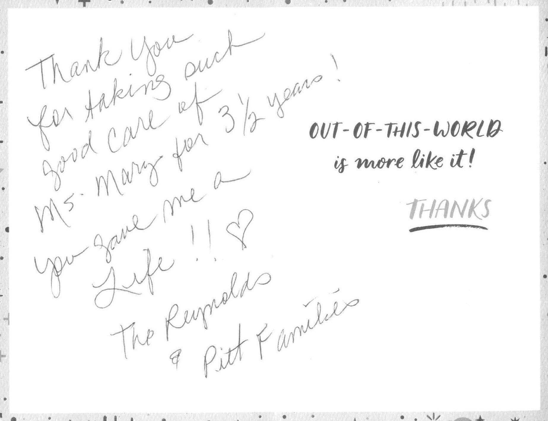 Handwritten thank-you note on white paper, signed “The Remembered Pink Friends,” with “out of this world & more like it! THANKS.”