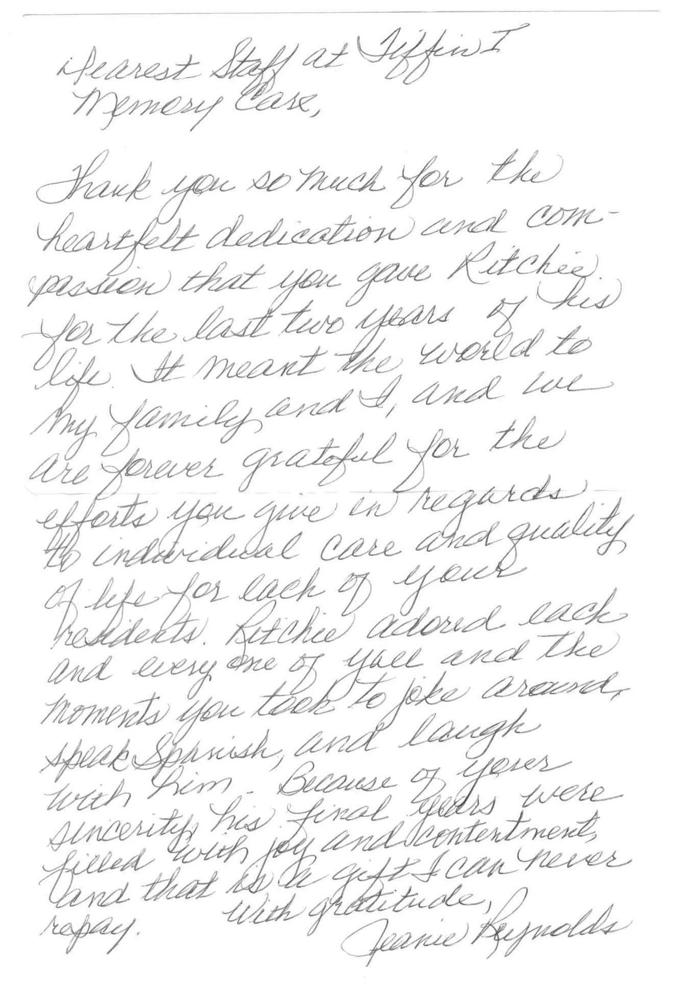 Handwritten thank-you letter on lined paper, thanking someone for hospitality and support.