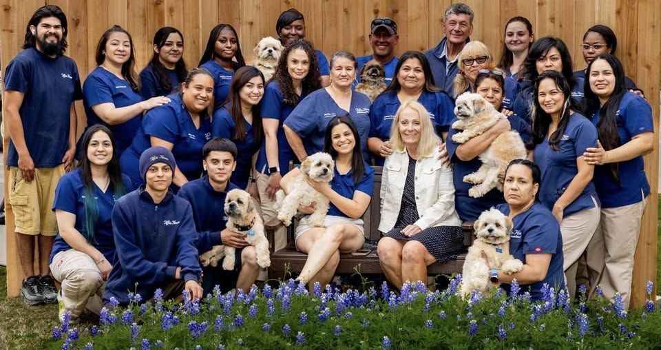 Group of people in blue shirts with pets, posing outdoors by a wooden fence and flowers.
