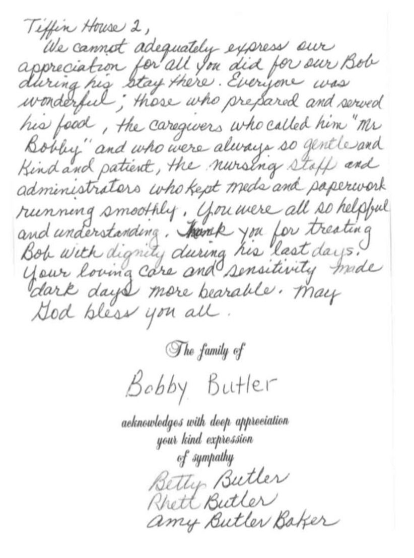 Handwritten thank you note from Bobby Butler's family to Tiffin House 2, expressing gratitude for his care.