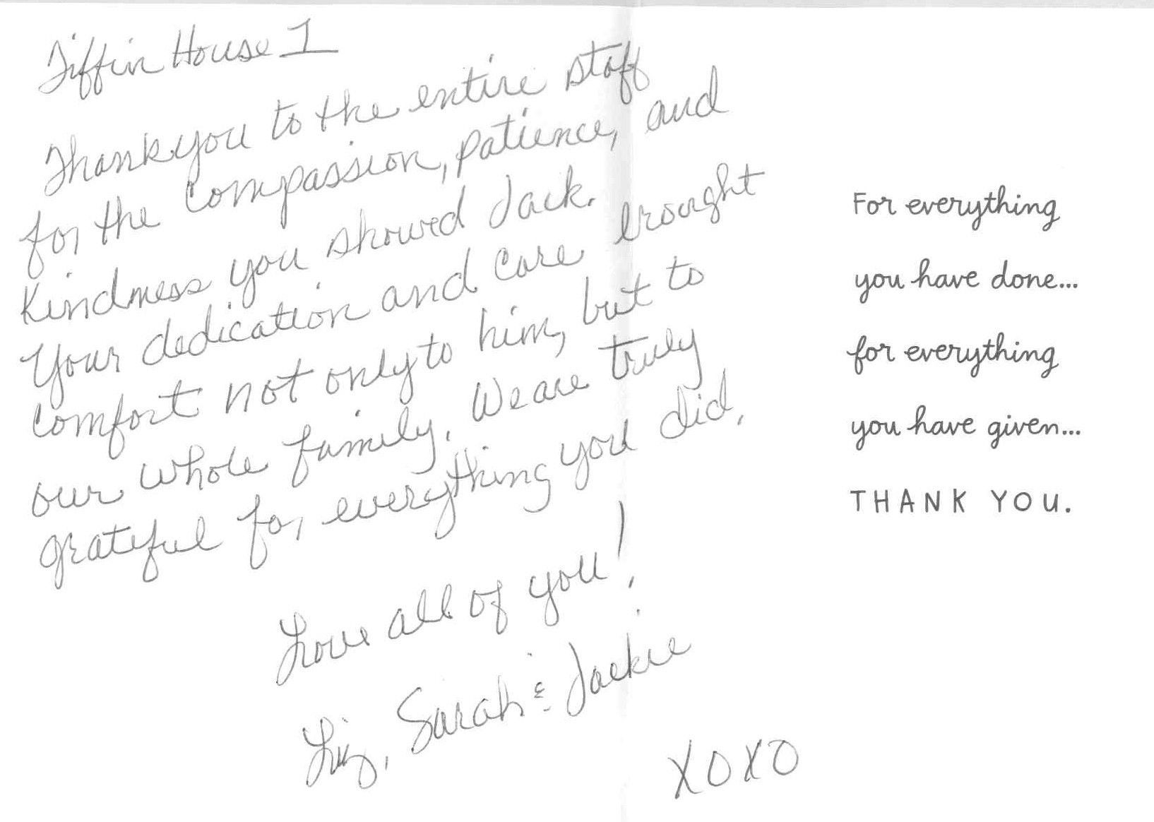 Handwritten thank you note to Iffin House 1 staff, expressing gratitude for their care and kindness.