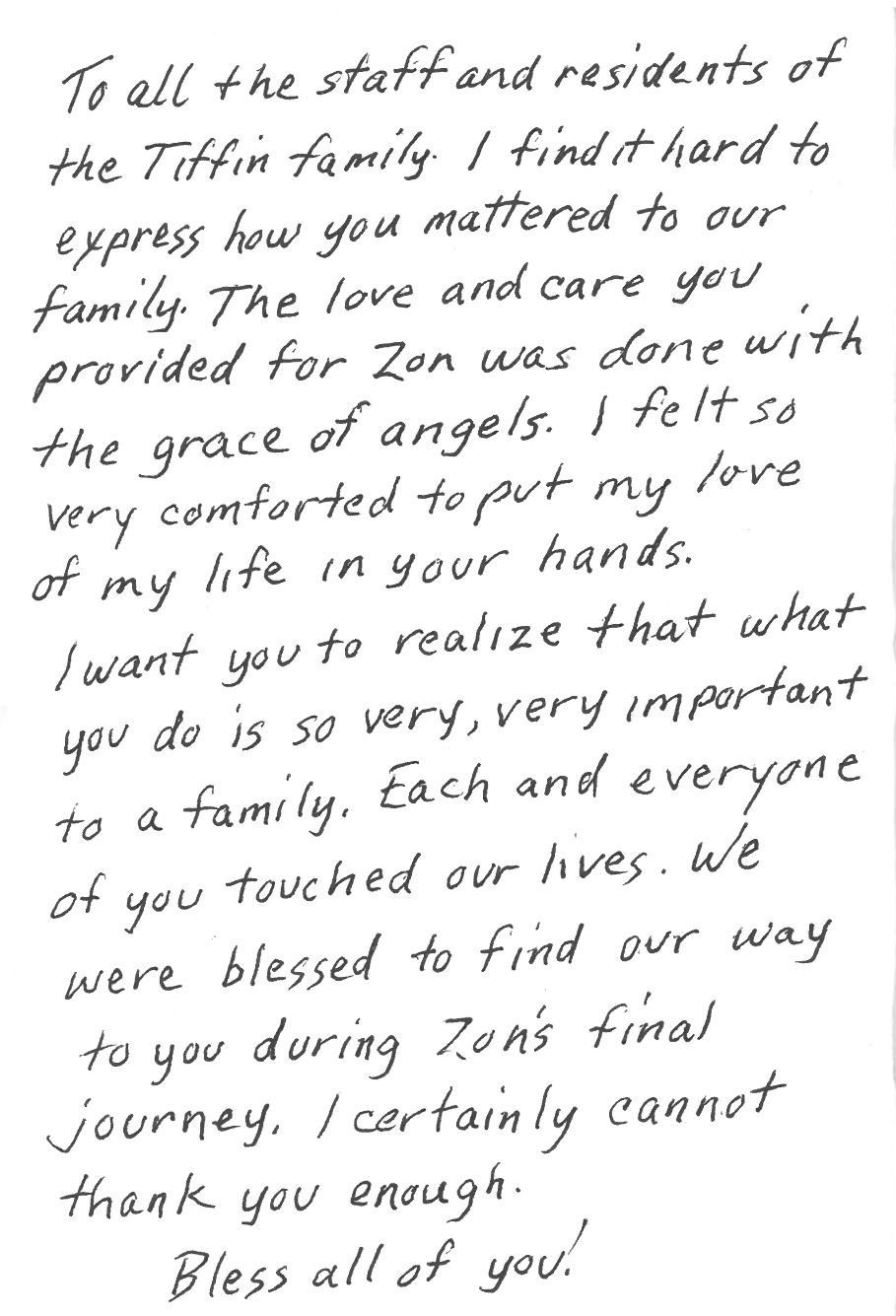 Handwritten note thanking the staff and residents of Tiffin family for care of Zen during his final journey.