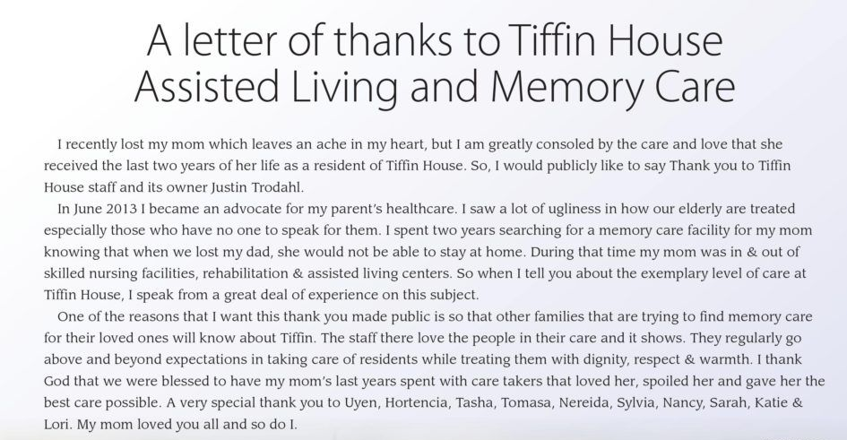 A letter of thanks to Tiffin House Assisted Living and Memory Care. The text is black on a white background.