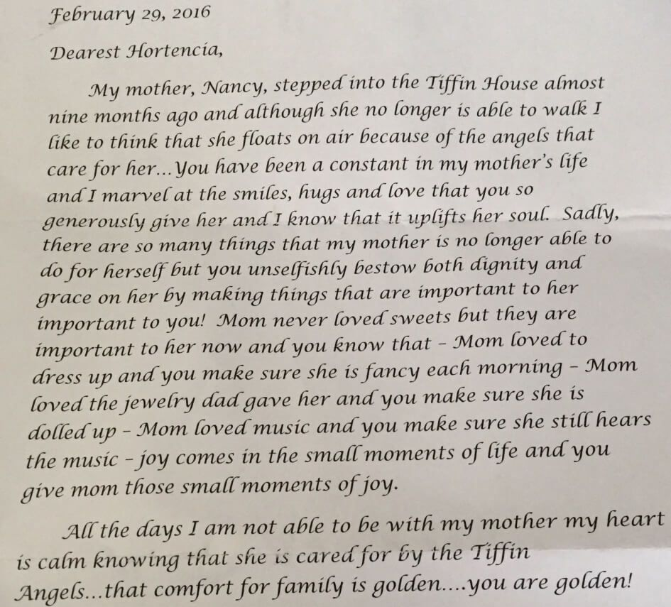 Handwritten letter to Hortencia; expresses gratitude for care of the author's mother, Nancy, at the Tiffin House.