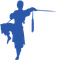 Blue silhouette of person in martial arts stance, holding a weapon with a tassel.