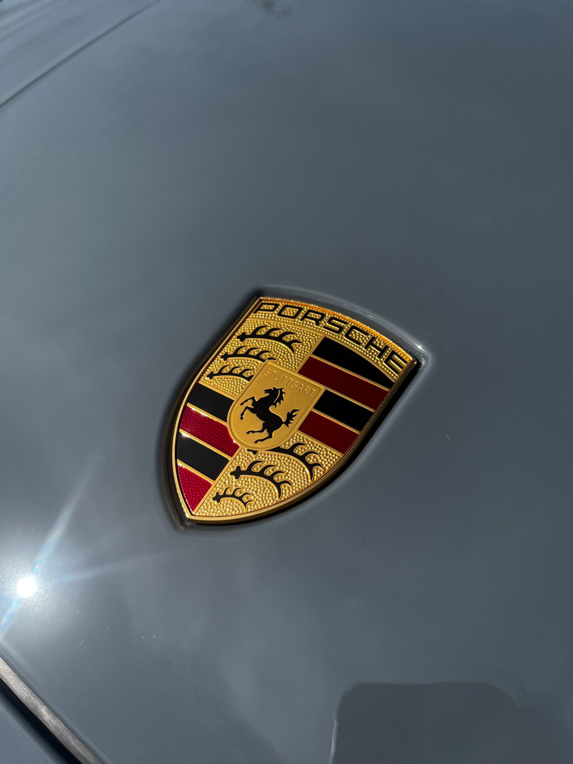 A gold and black Porsche emblem centered on a smooth, gray car hood, captured in bright, natural light.