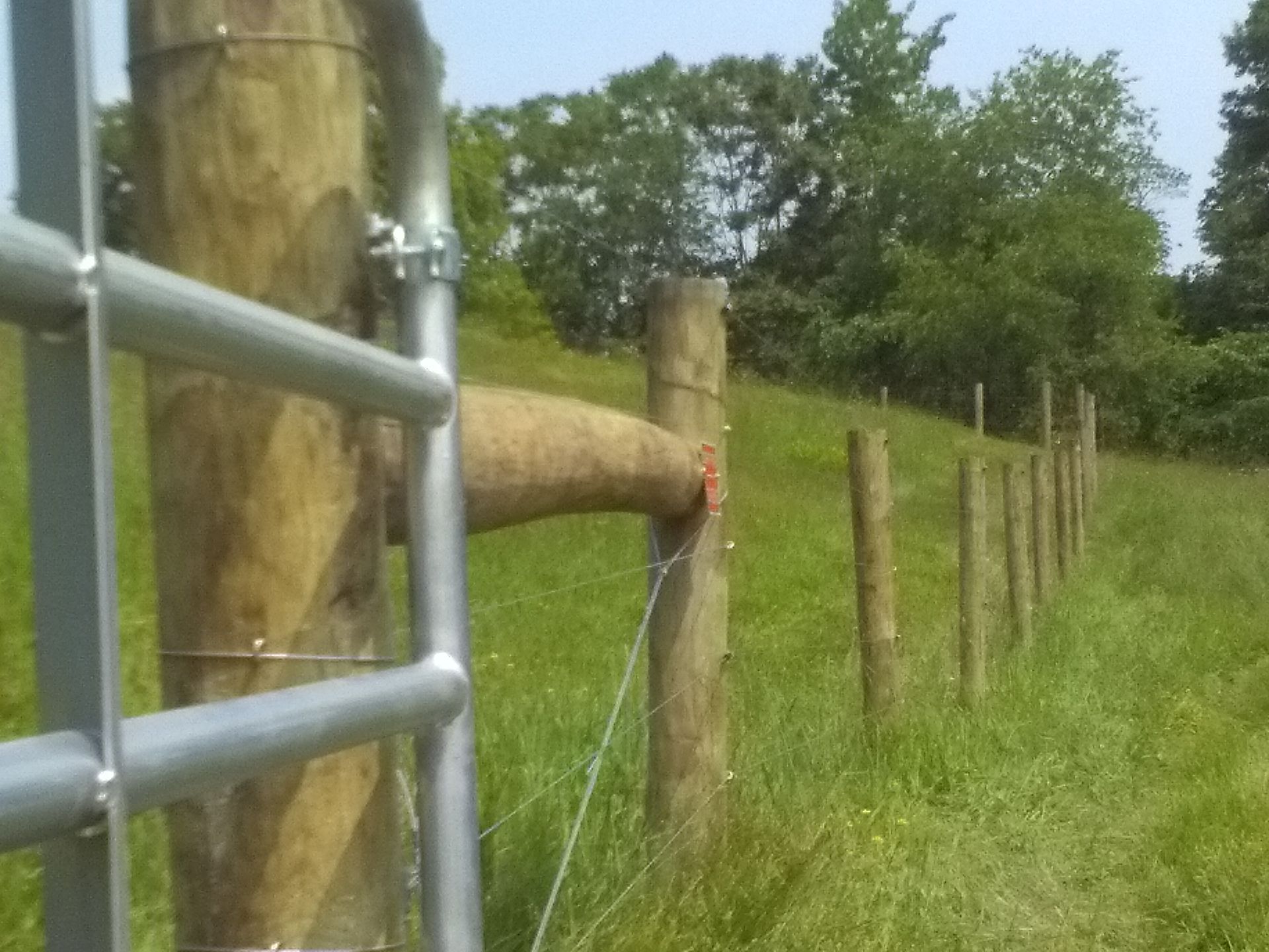 A wooden fence with a metal gate in the middle of a grassy field.