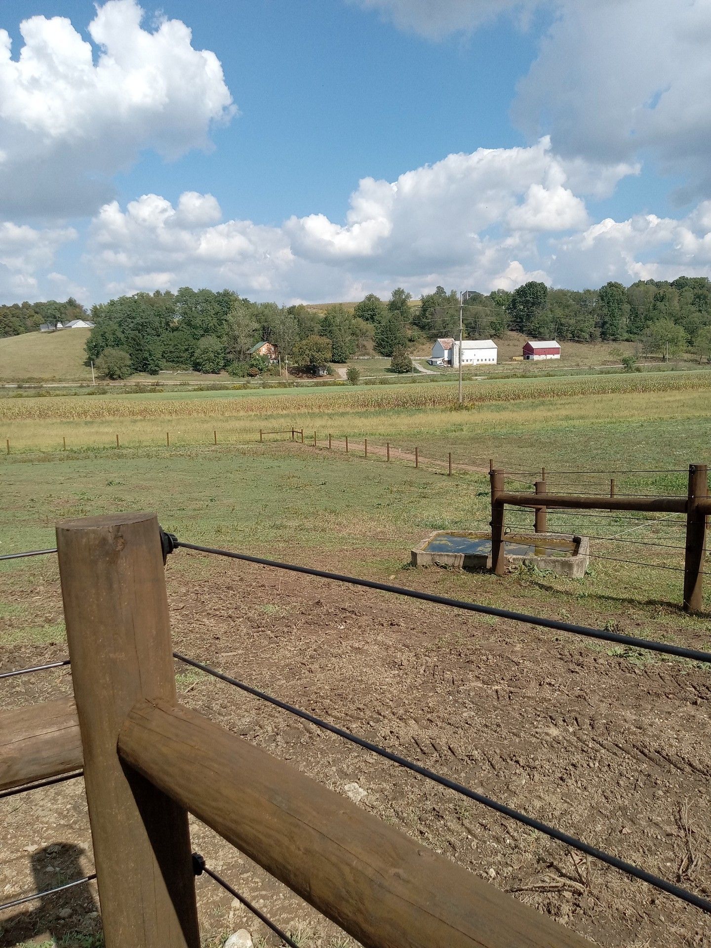 Grassy field with a wooden fence in the foreground. Farm buildings and trees are in the distance under a blue sky.