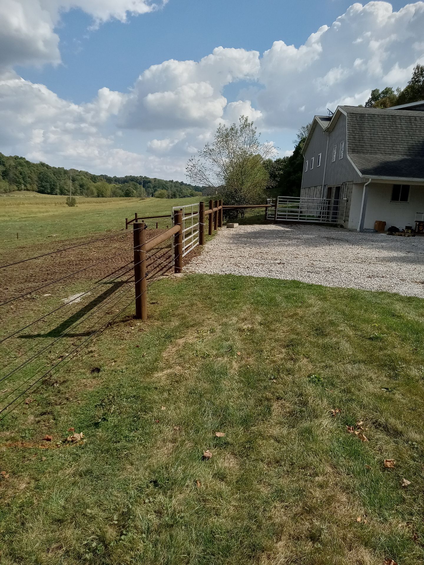 A wooden fence separates a grassy yard from a muddy field. A house is on the right, with a blue sky overhead.