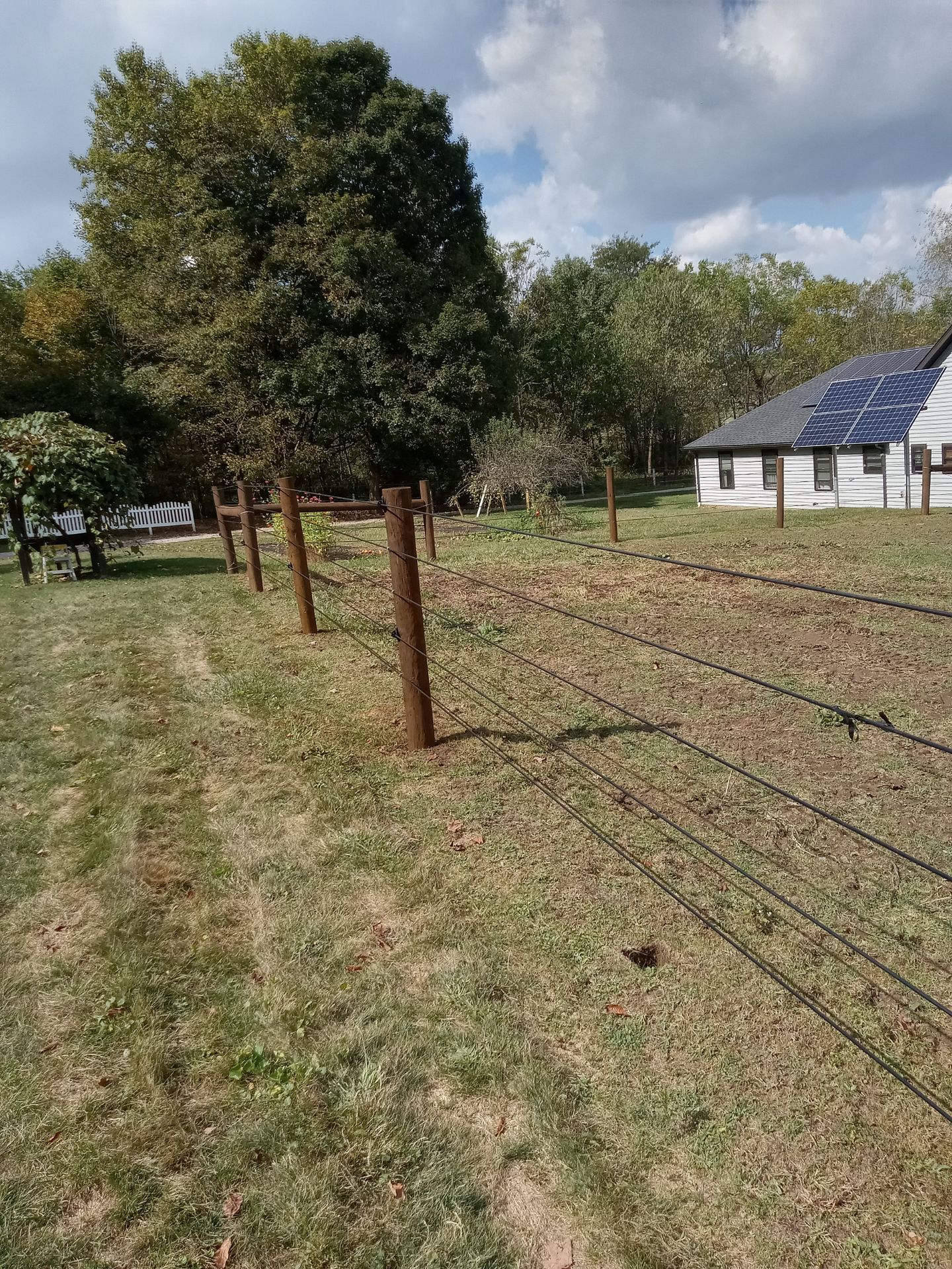 A wire fence with wooden posts in a grassy yard, with a house and trees in the background under a cloudy sky.