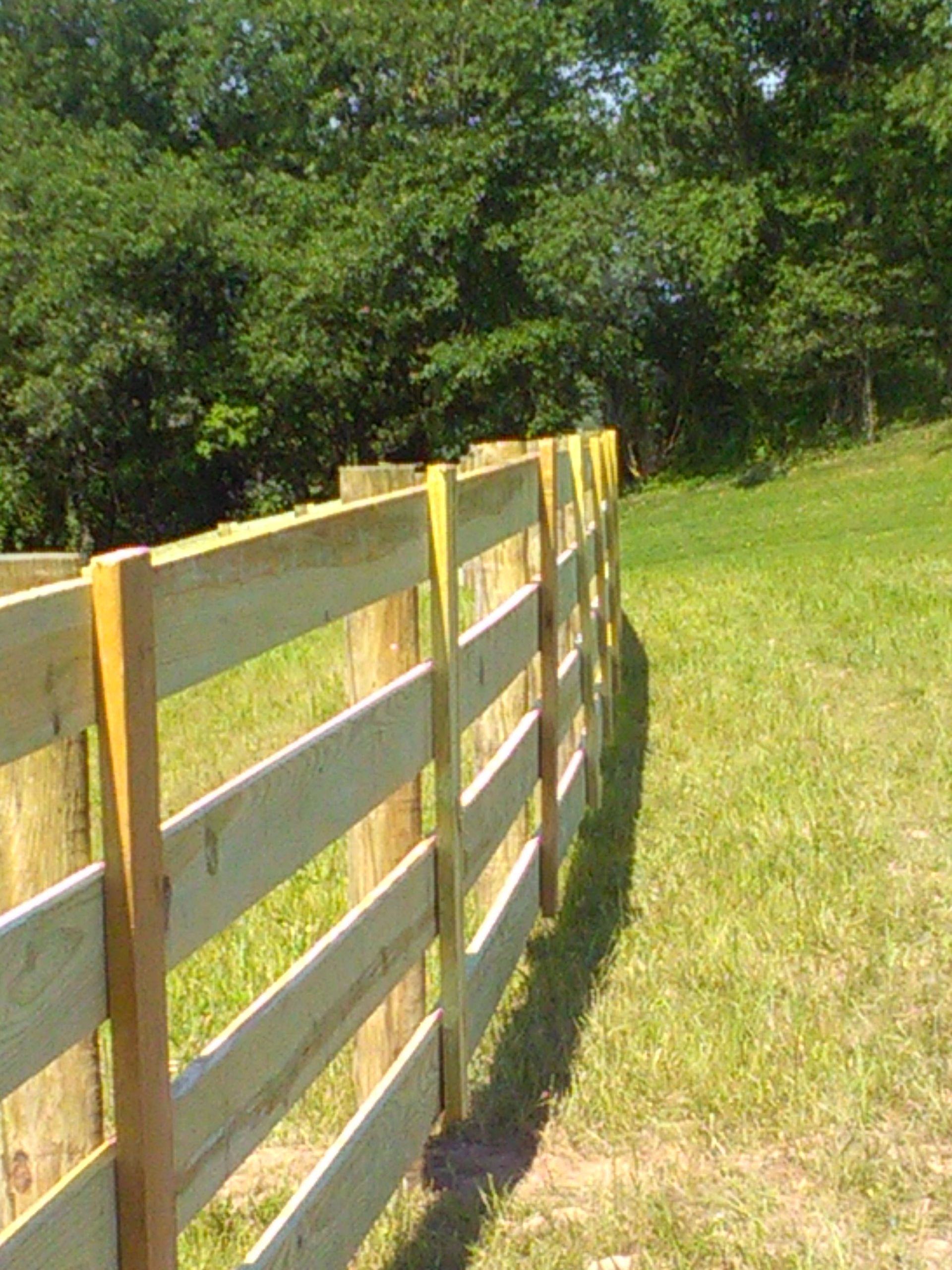A wooden fence surrounds a grassy field with trees in the background.