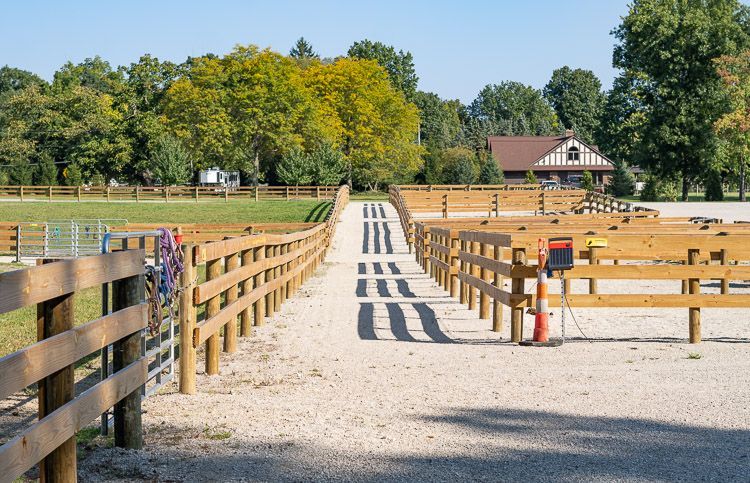 A wooden fence surrounds a dirt road leading to a barn.