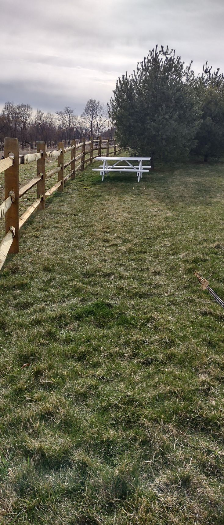 A picnic table is sitting in the middle of a grassy field next to a wooden fence.