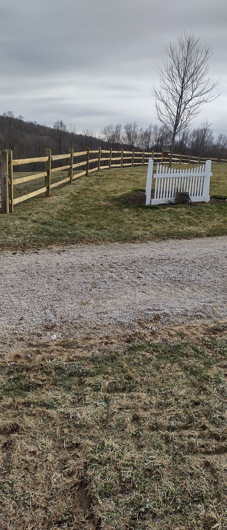 A white gate is sitting in the middle of a grassy field next to a wooden fence.