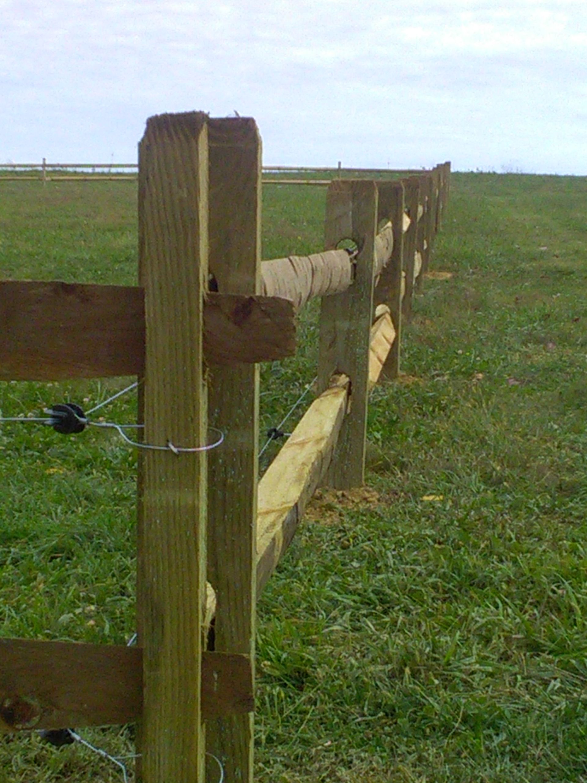 A wooden fence is in the middle of a grassy field.