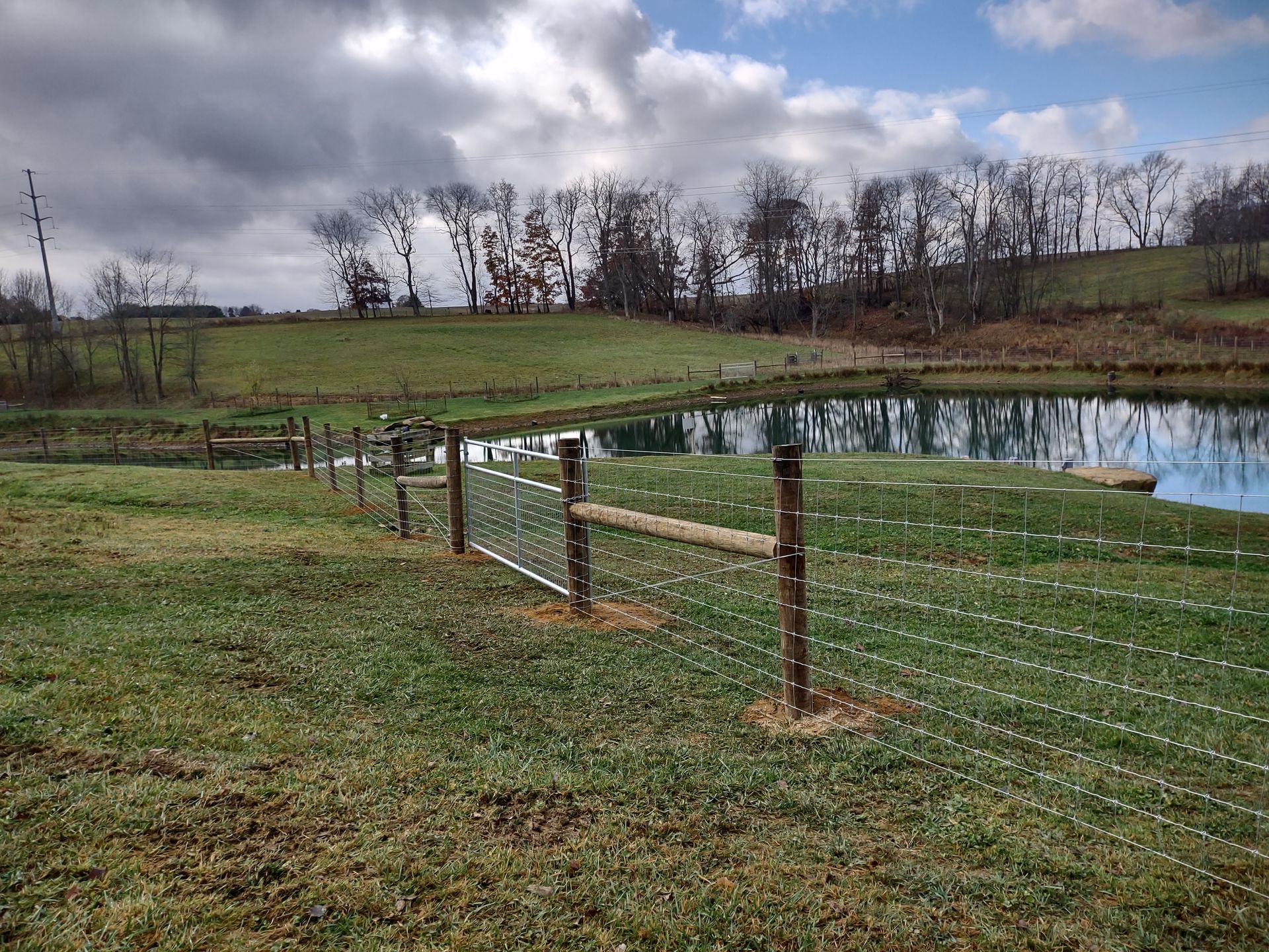 A fence surrounds a pond in a grassy field