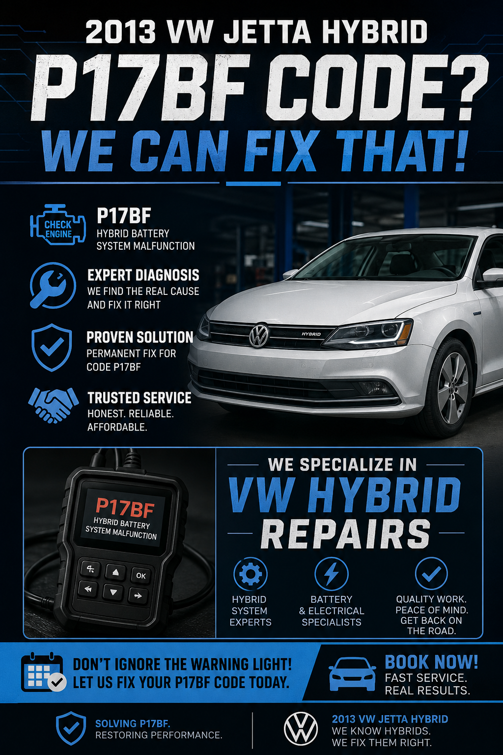 Ad for 2013 VW Jetta Hybrid P17BF code repair, showing a car and diagnostic scanner in blue and black.