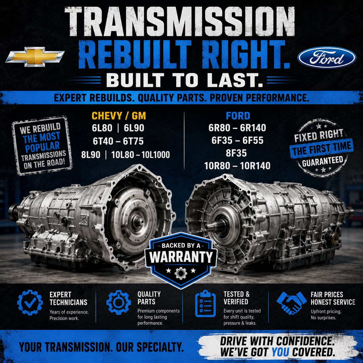 Transmission rebuild service ad with Chevy and Ford logos, engine images, and warranty claims on a dark blue background