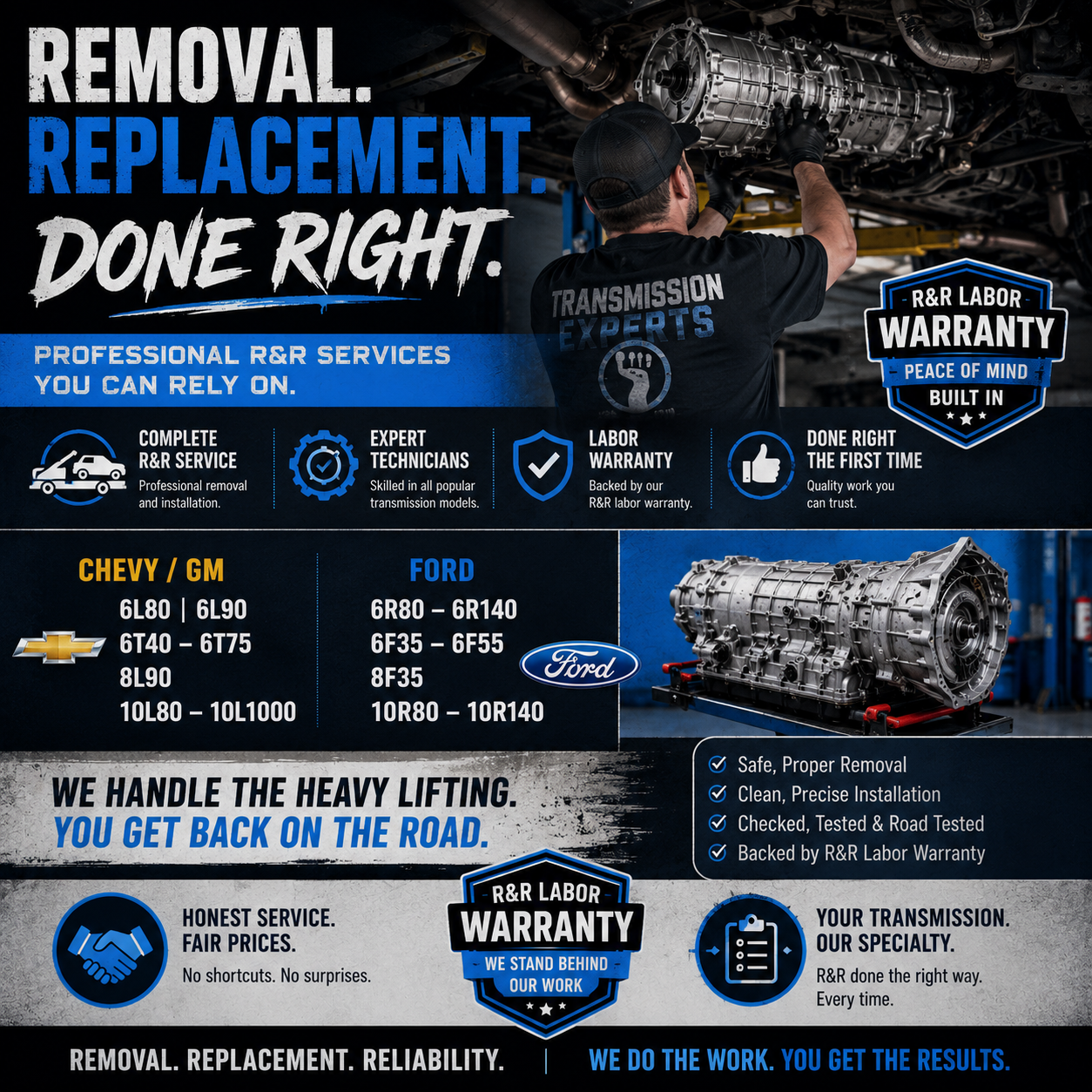 Blue and black transmission repair ad with mechanic working under car and “Removal. Replacement. Done Right.” slogan