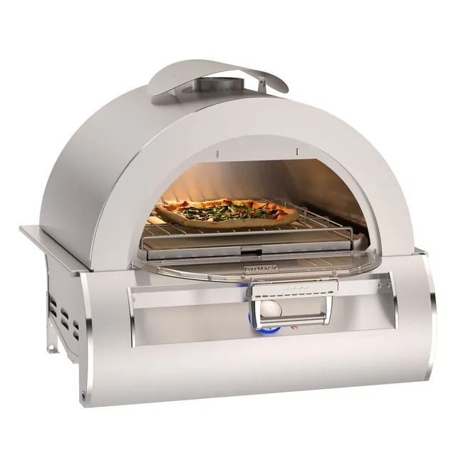 Stainless steel outdoor pizza oven with a pizza inside.