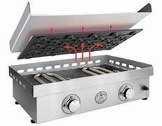 Electric countertop grill, silver metal, with cooking plate raised, showing heating elements and knobs.