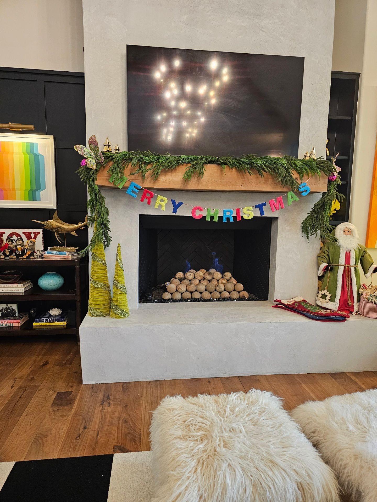 Christmas decorated fireplace with garland, 