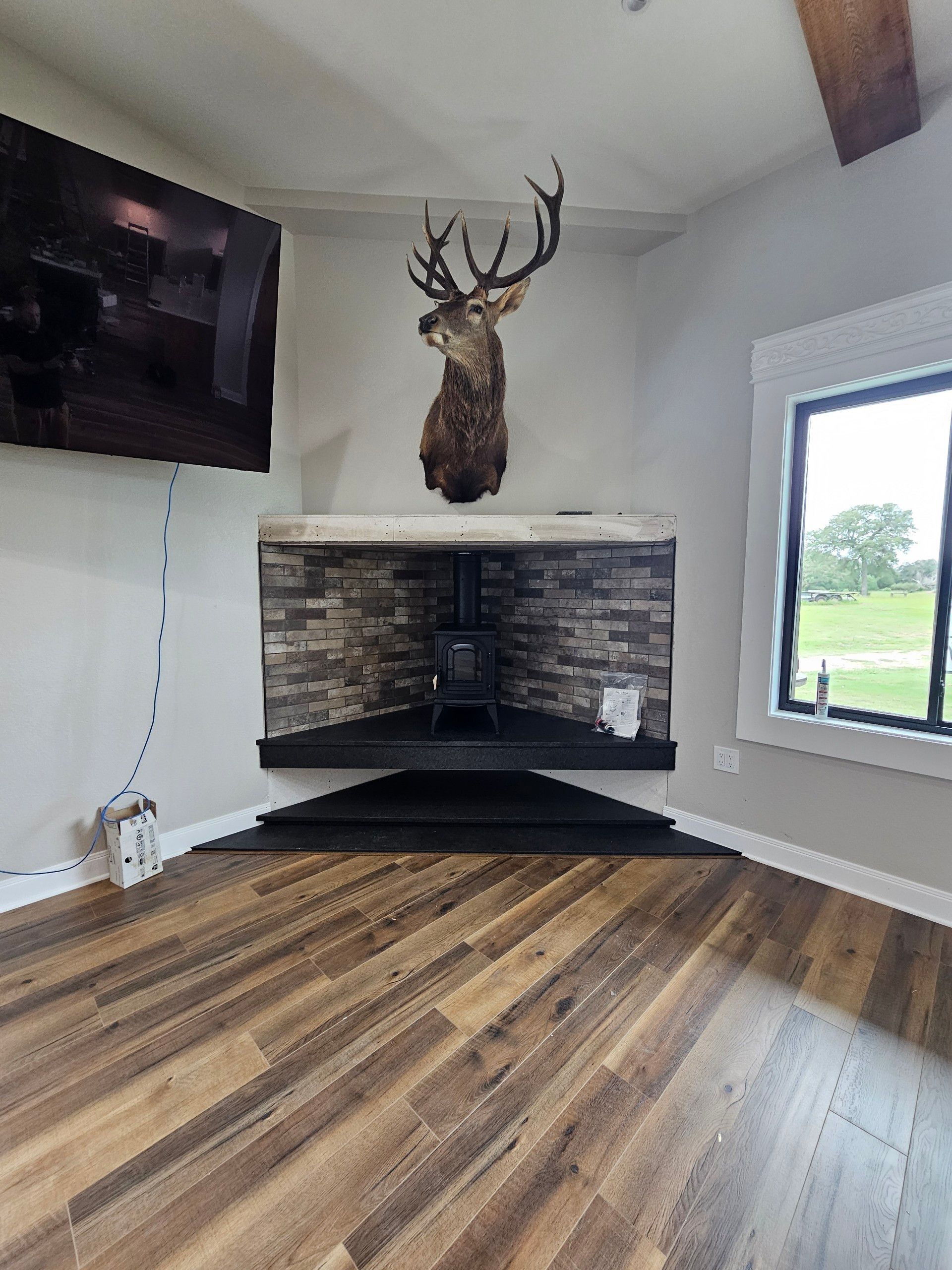 Room with fireplace, mounted deer head, TV, and wood flooring.
