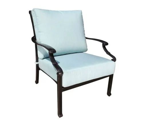 Outdoor armchair with blue cushions and dark brown frame.