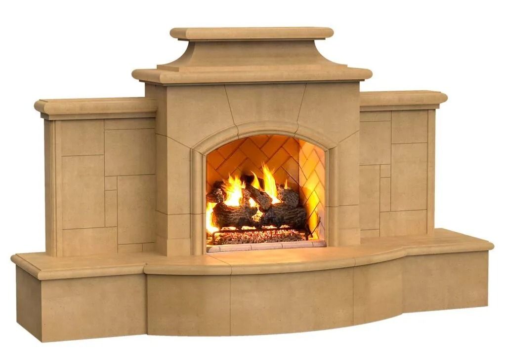 Stone fireplace with burning fire and logs.