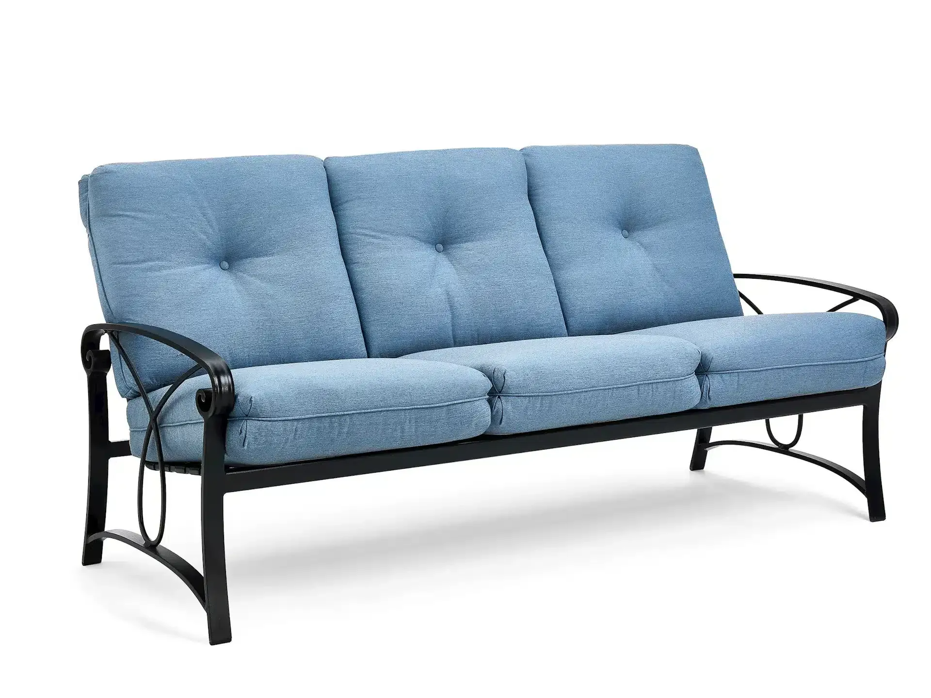 Blue cushioned outdoor sofa with black metal frame.