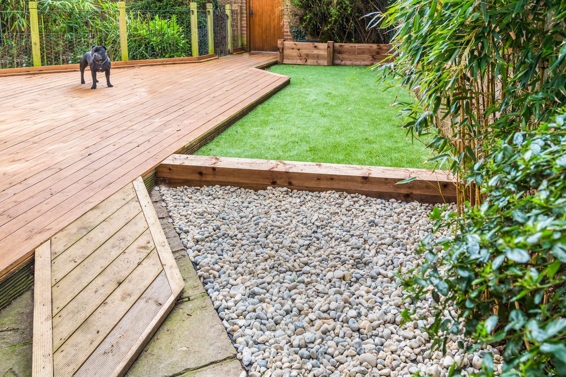 Wooden deck, gravel area, and artificial turf in a backyard with a dog.