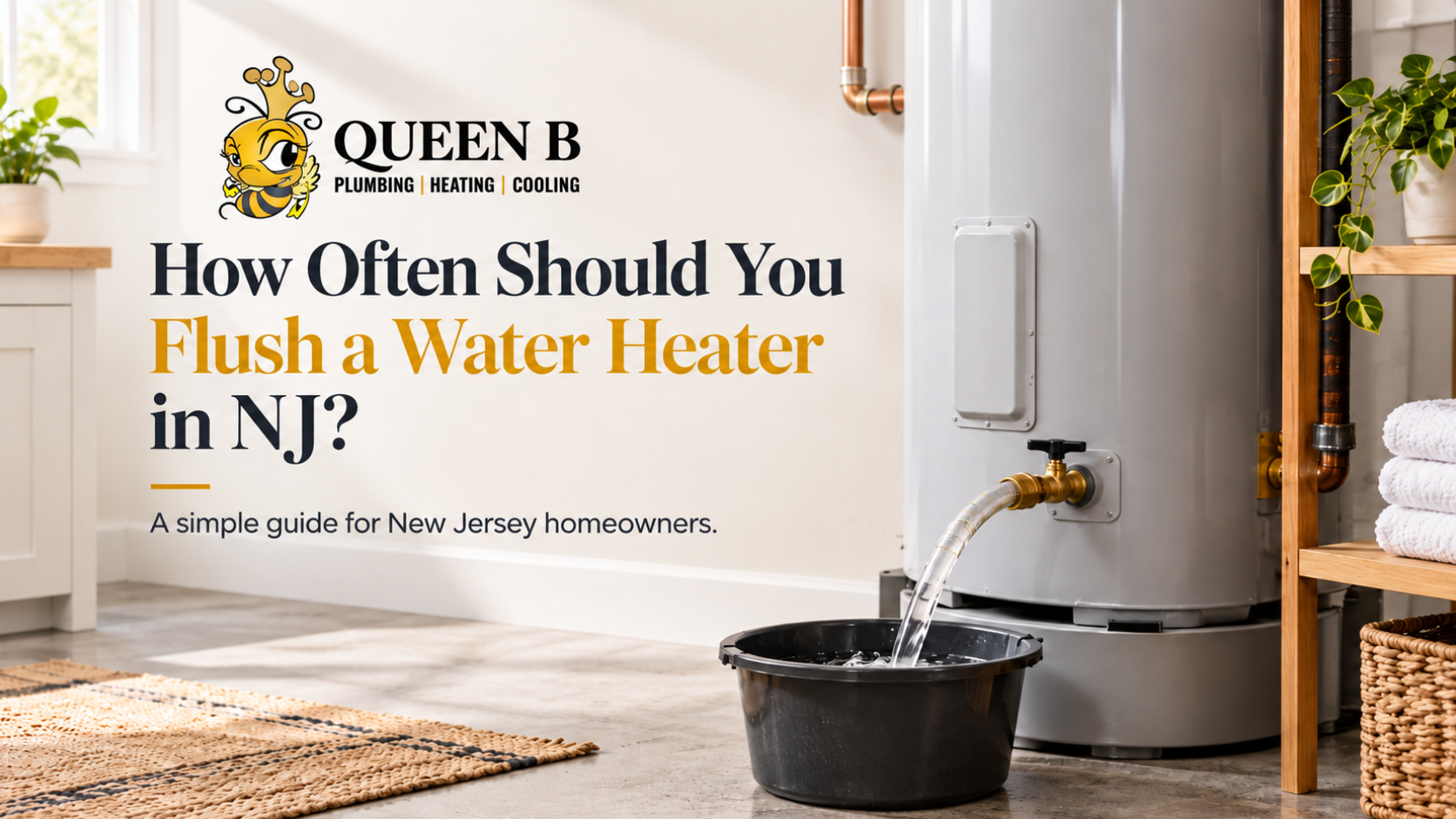 Promotional graphic of a plumber draining a water heater in a bright home interior, with text about flushing it in NJ