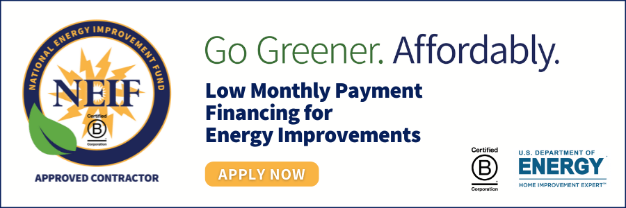 NEIF ad with logo, “Go Greener. Affordably.” and orange “Apply Now” button for energy improvements