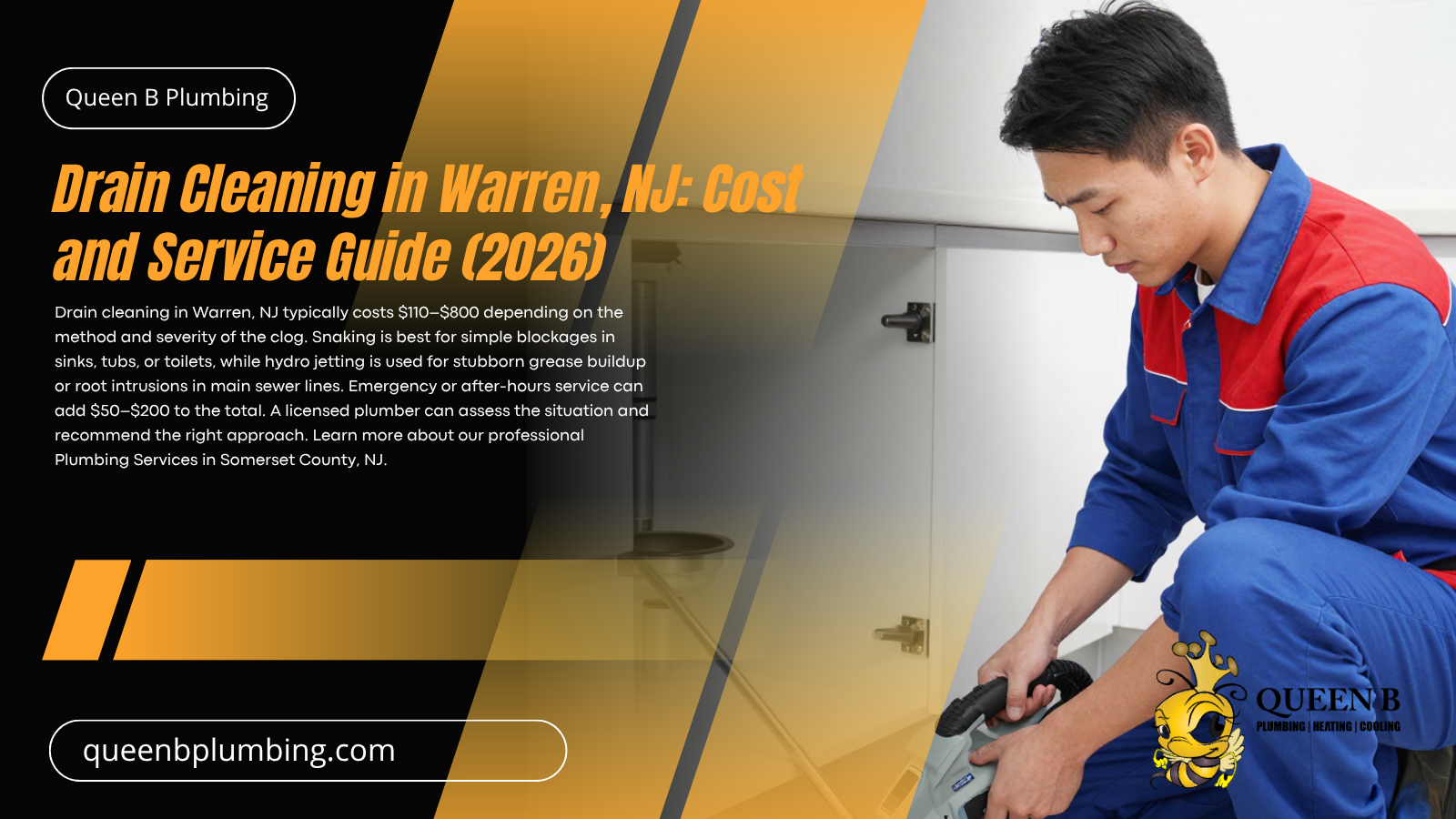 Plumber repairing a drain under a sink, with title text about a Warren, NJ drain cleaning and service guide.