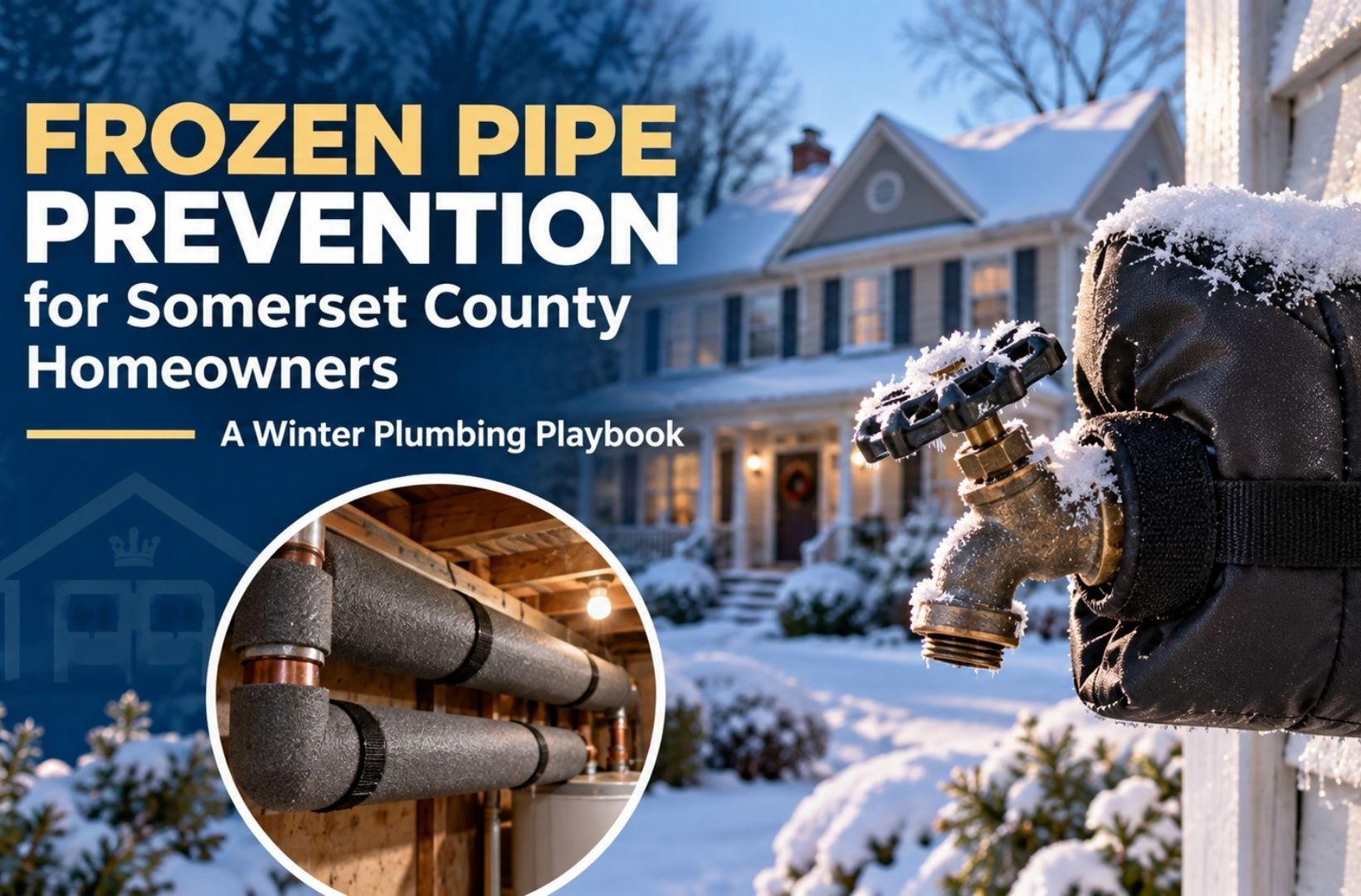 Frozen pipe prevention guide for Somerset County homeowners, with icy outdoor faucet and pipe close-up