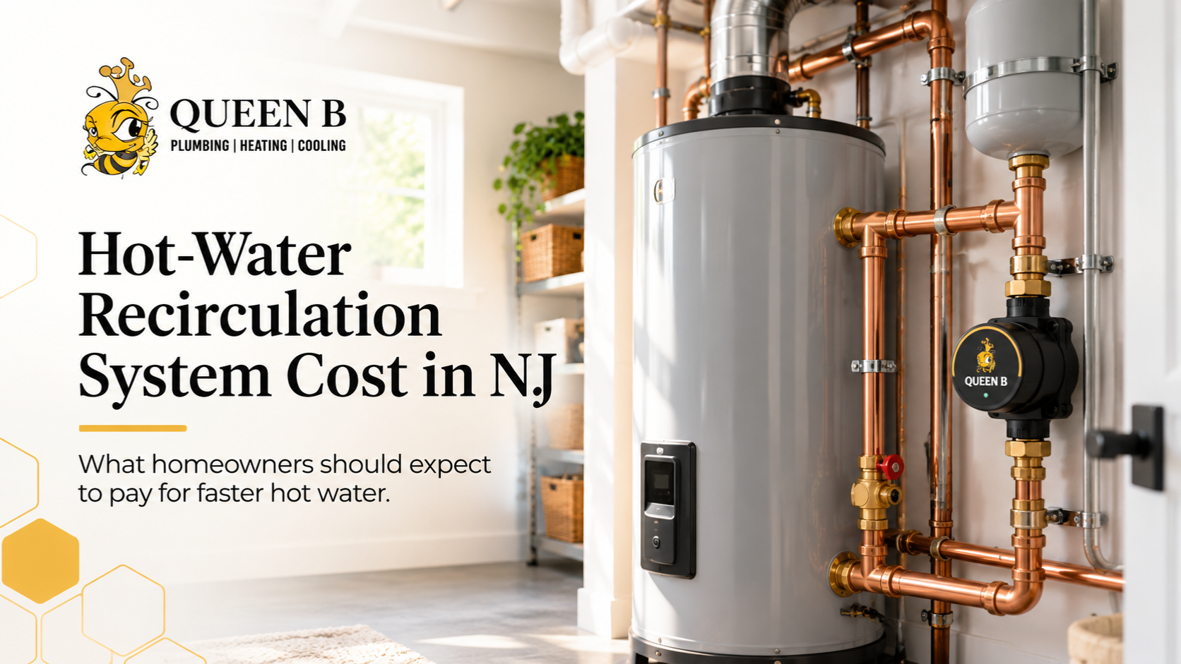 Hot-water recirculation system ad with water heater and copper pipes in a bright utility room